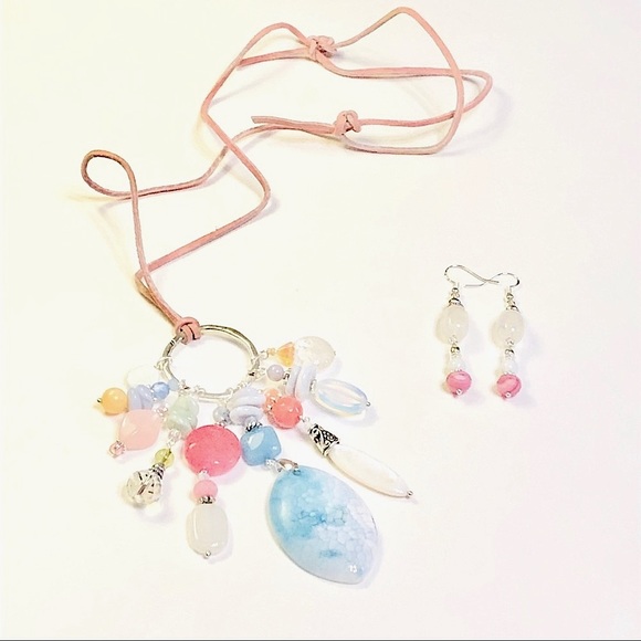 JK Designs Jewelry - MIXED PASTELS Agate Rose Quartz Chalcedony Stone Assemblage Necklace & Earrings